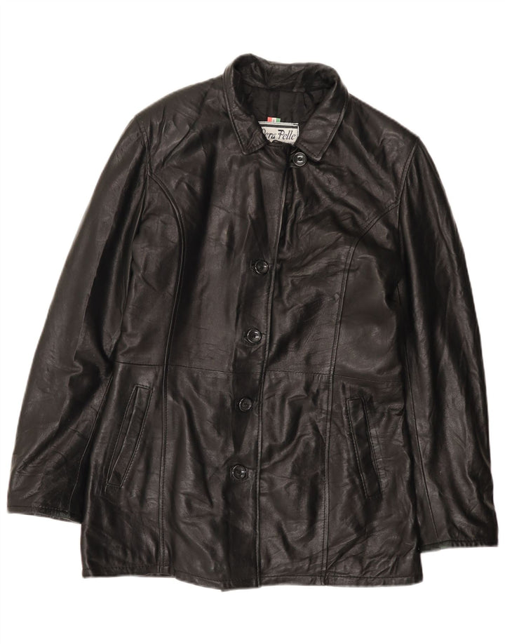 VINTAGE Womens Leather Coat UK 18 XL Black Leather