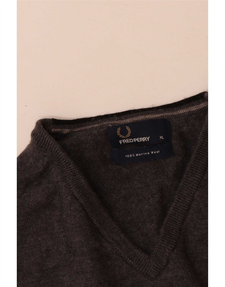 Fred Perry Mens V-Neck Jumper Sweater XL Grey Merino Wool