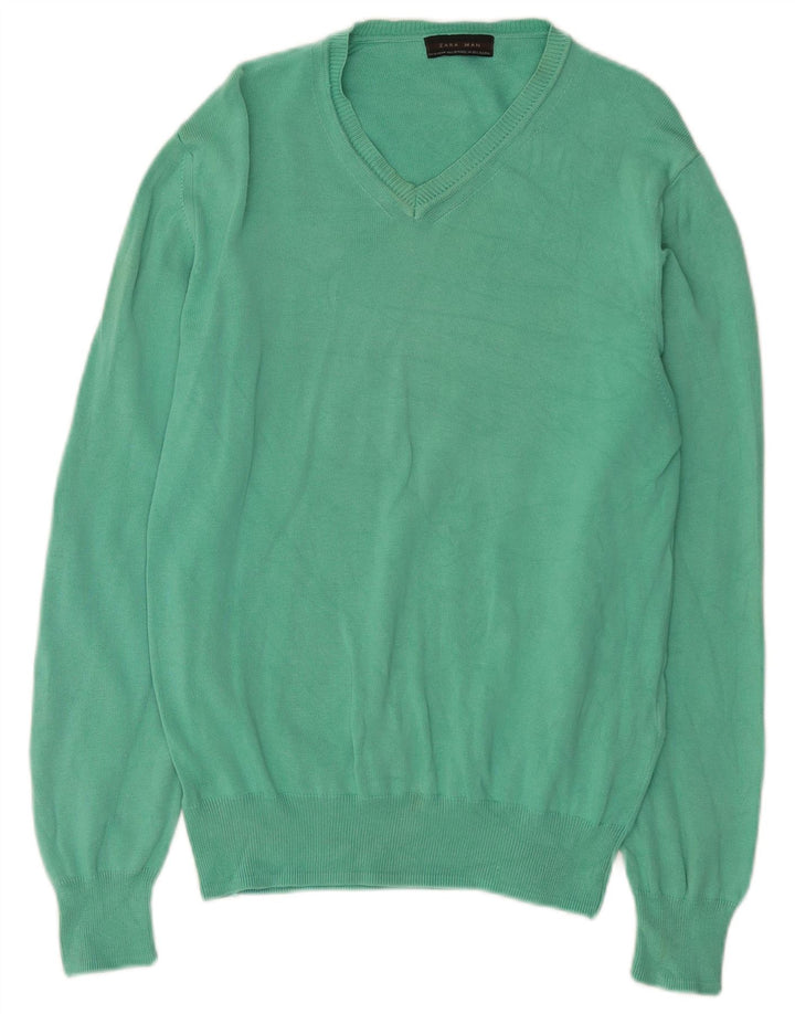 Zara Mens V-Neck Jumper Sweater Medium Green Cotton