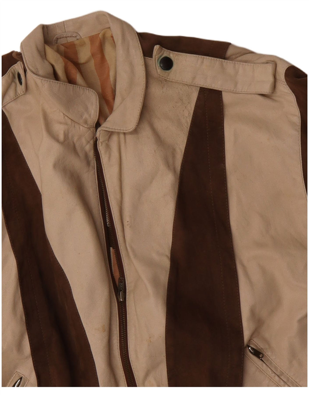 VINTAGE Mens Military Leather Jacket IT 50 Large Beige Colourblock