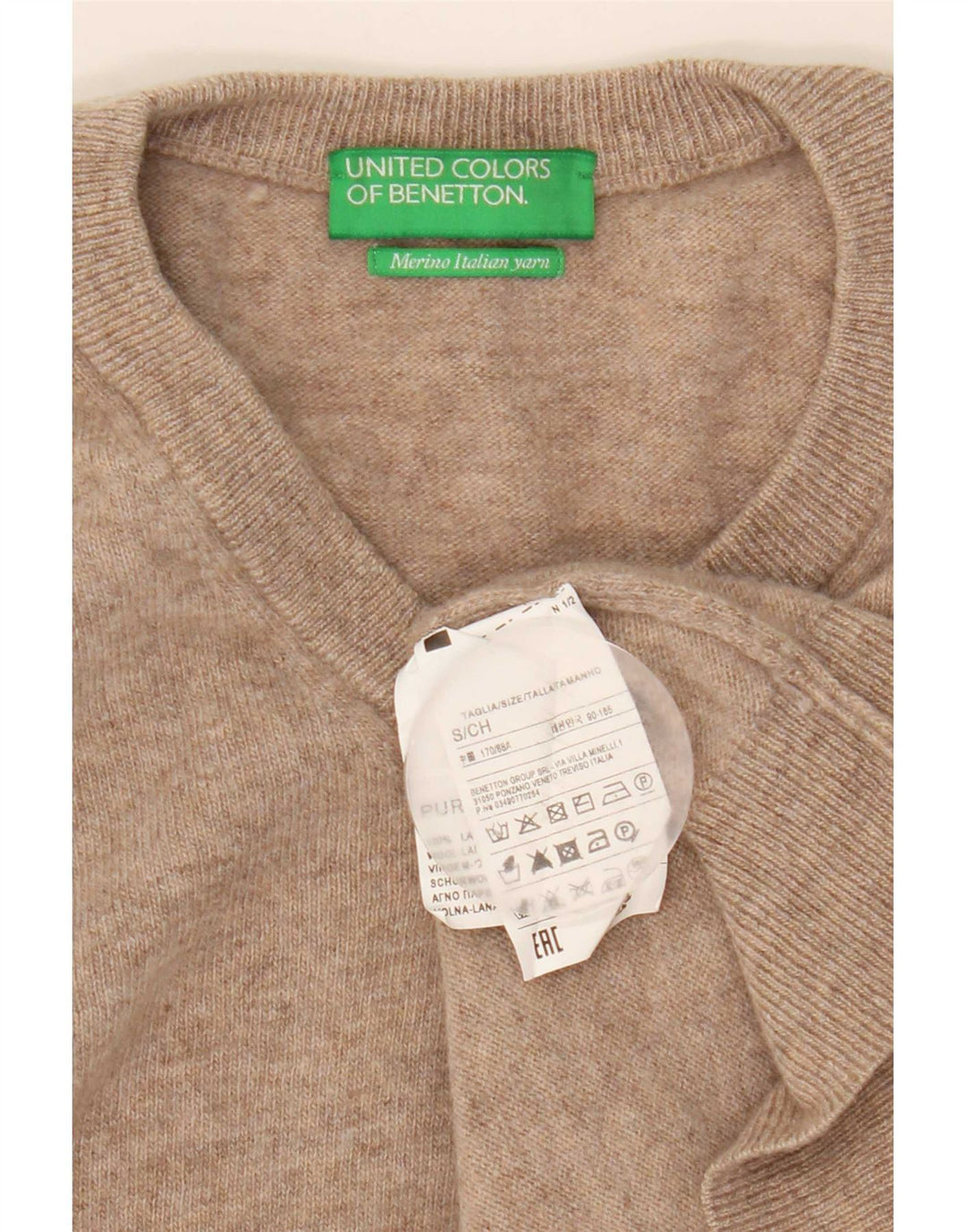 Benetton Mens V-Neck Jumper Sweater Small Beige Wool