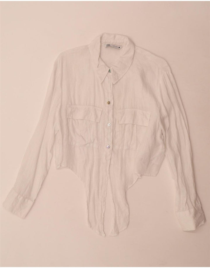 Zara Womens Crop Front Tie Shirt UK 18 XL White Linen