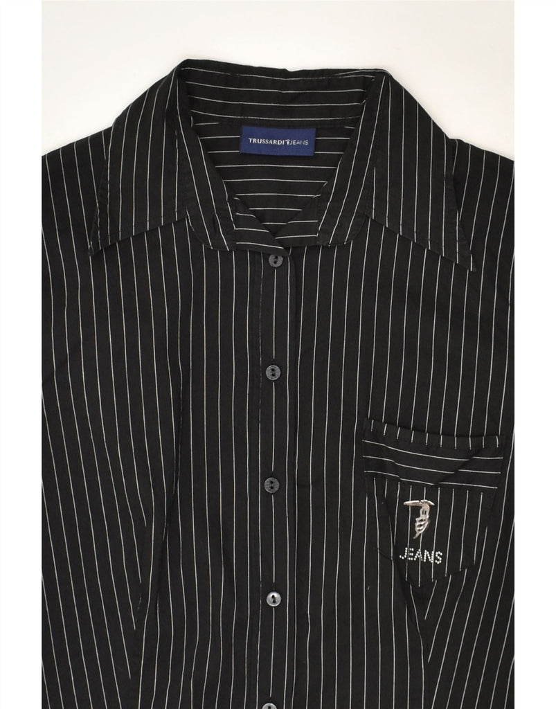 TRUSSARDI Womens Shirt UK 14 Large Black Striped Cotton | Vintage Trussardi | Thrift | Second-Hand Trussardi | Used Clothing | Messina Hembry 