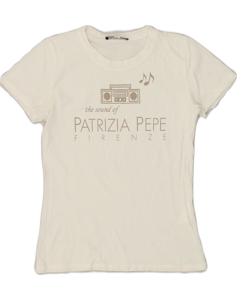 PATRIZIA PEPE Womens Slim Fit Graphic T-Shirt Top UK 12 Medium White | Vintage Patrizia Pepe | Thrift | Second-Hand Patrizia Pepe | Used Clothing | Messina Hembry 