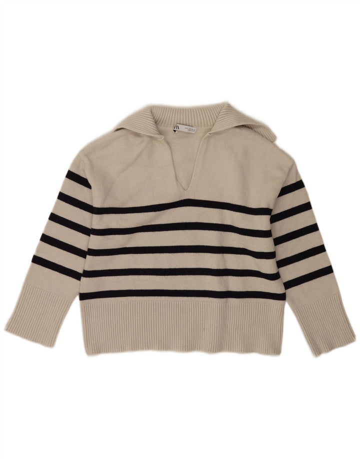 Zara Womens Roll Neck Jumper Sweater UK 10 Small Off White Striped
