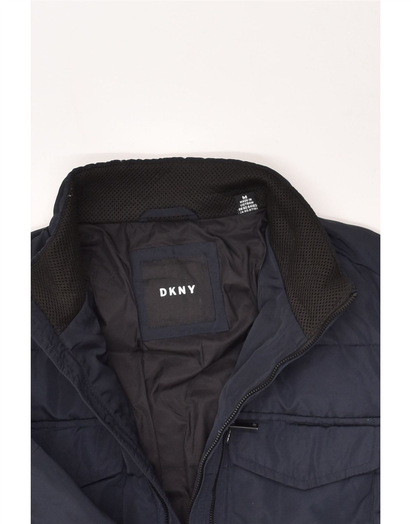 DKNY Mens Bomber Padded Jacket UK 38 Medium Navy Blue Polyester Vintage Second Hand Clothing Online Messina Hembry