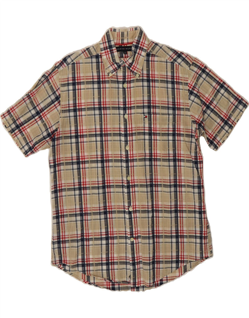 TOMMY HILFIGER Mens Short Sleeve Shirt Small Beige Check Vintage Tommy Hilfiger and Second-Hand Tommy Hilfiger from Messina Hembry 