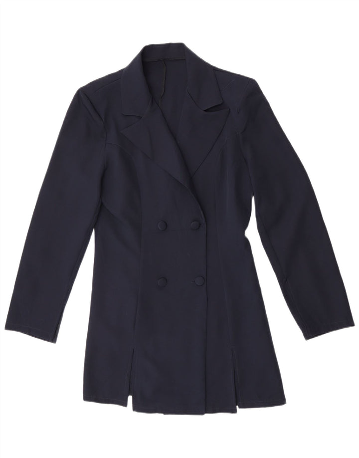Vintage Womens Double Breasted Coat UK 14 Medium Navy Blue Polyester