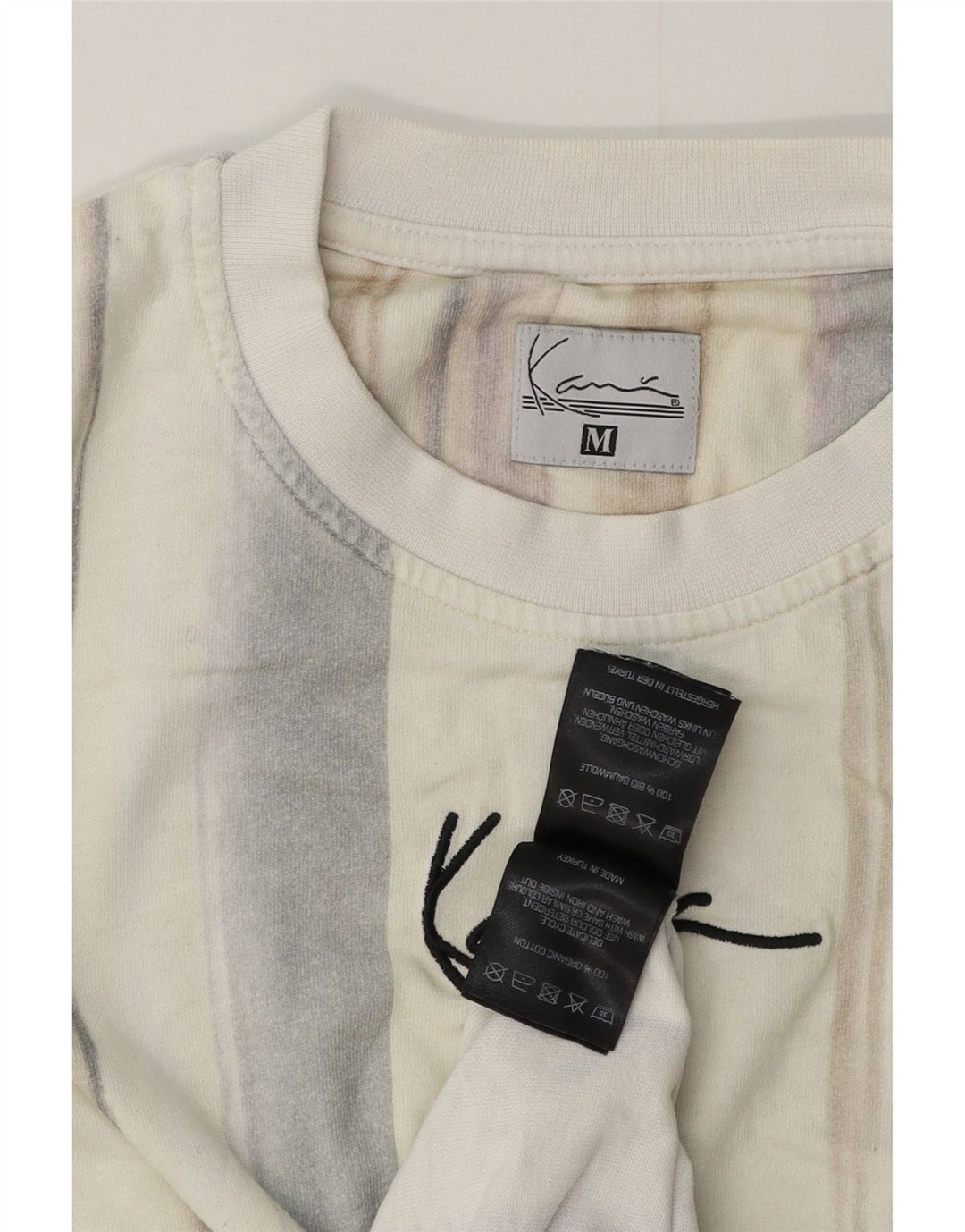 KARL KANI Mens Graphic T-Shirt Top Medium Beige Striped Cotton