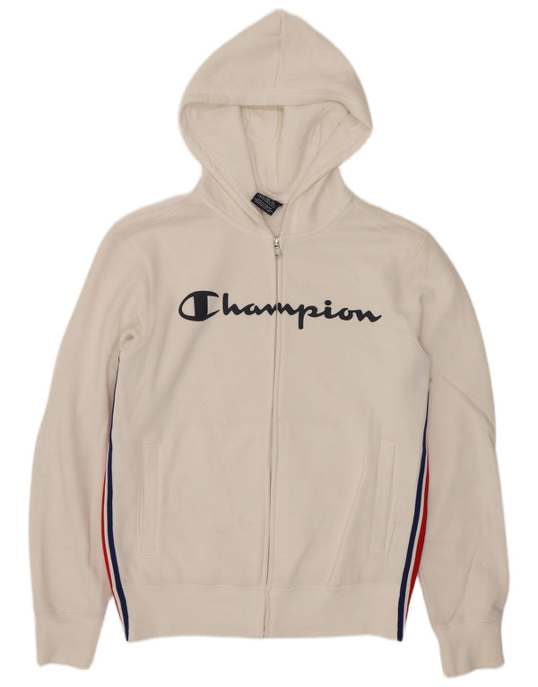 Champion Mens Graphic Zip Hoodie Sweater Small White Cotton