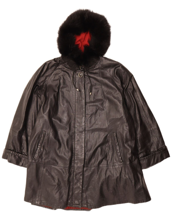 VINTAGE Womens Oversized Hooded Leather Coat IT 42 Medium Black Leather