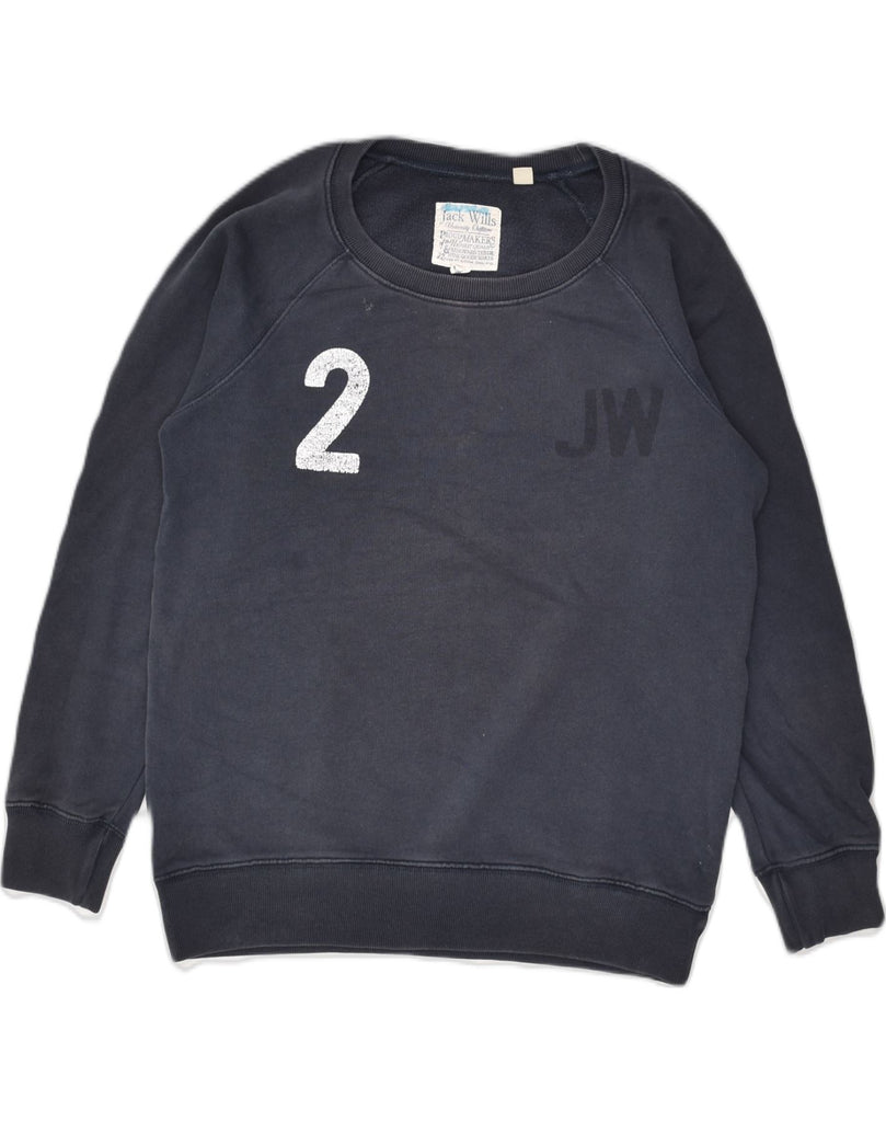 JACK WILLS Womens Graphic Sweatshirt Jumper UK 10 Small Navy Blue Cotton | Vintage Jack Wills | Thrift | Second-Hand Jack Wills | Used Clothing | Messina Hembry 