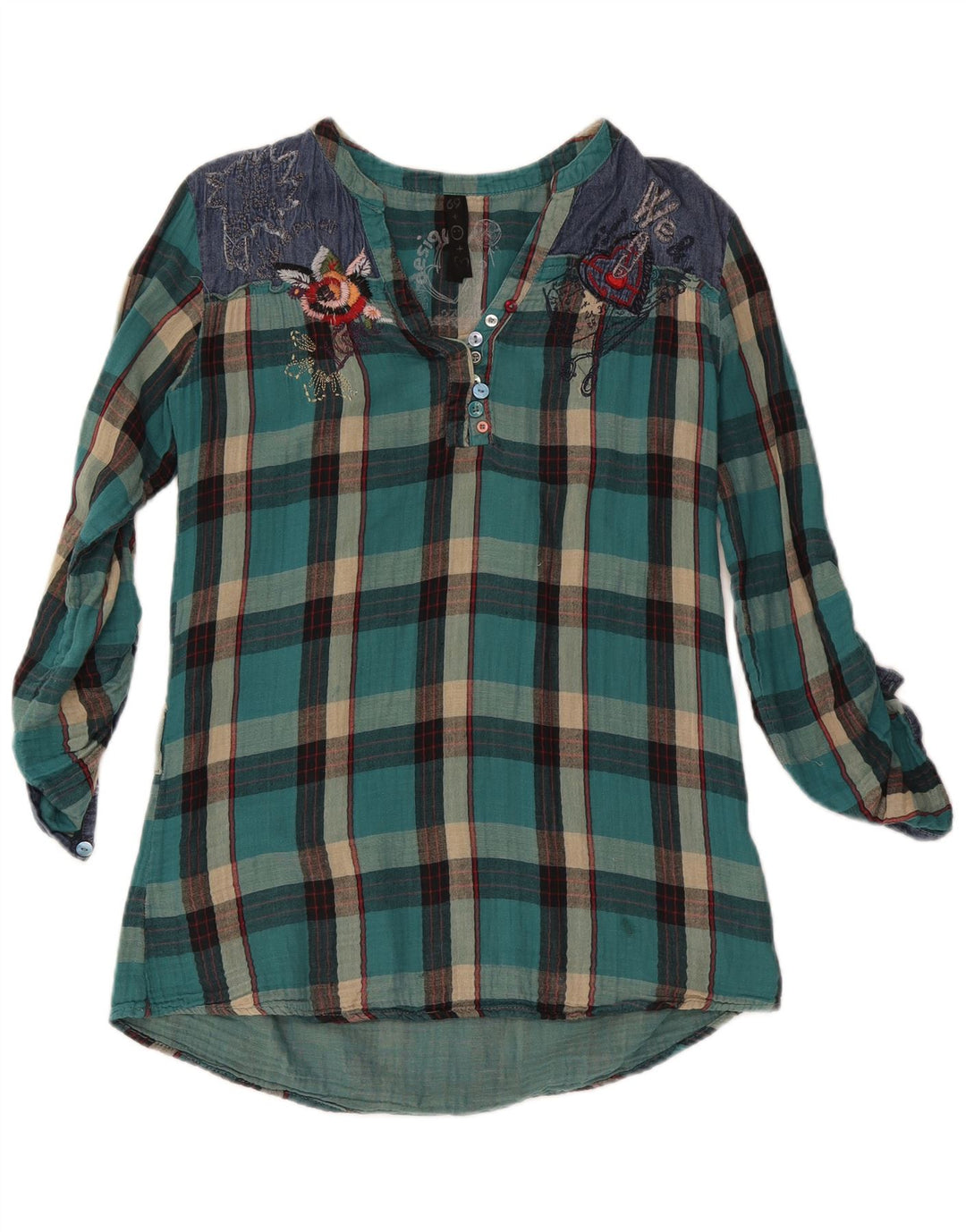 Desigual Womens Long Sleeve Blouse Top UK 16 Large Turquoise Check