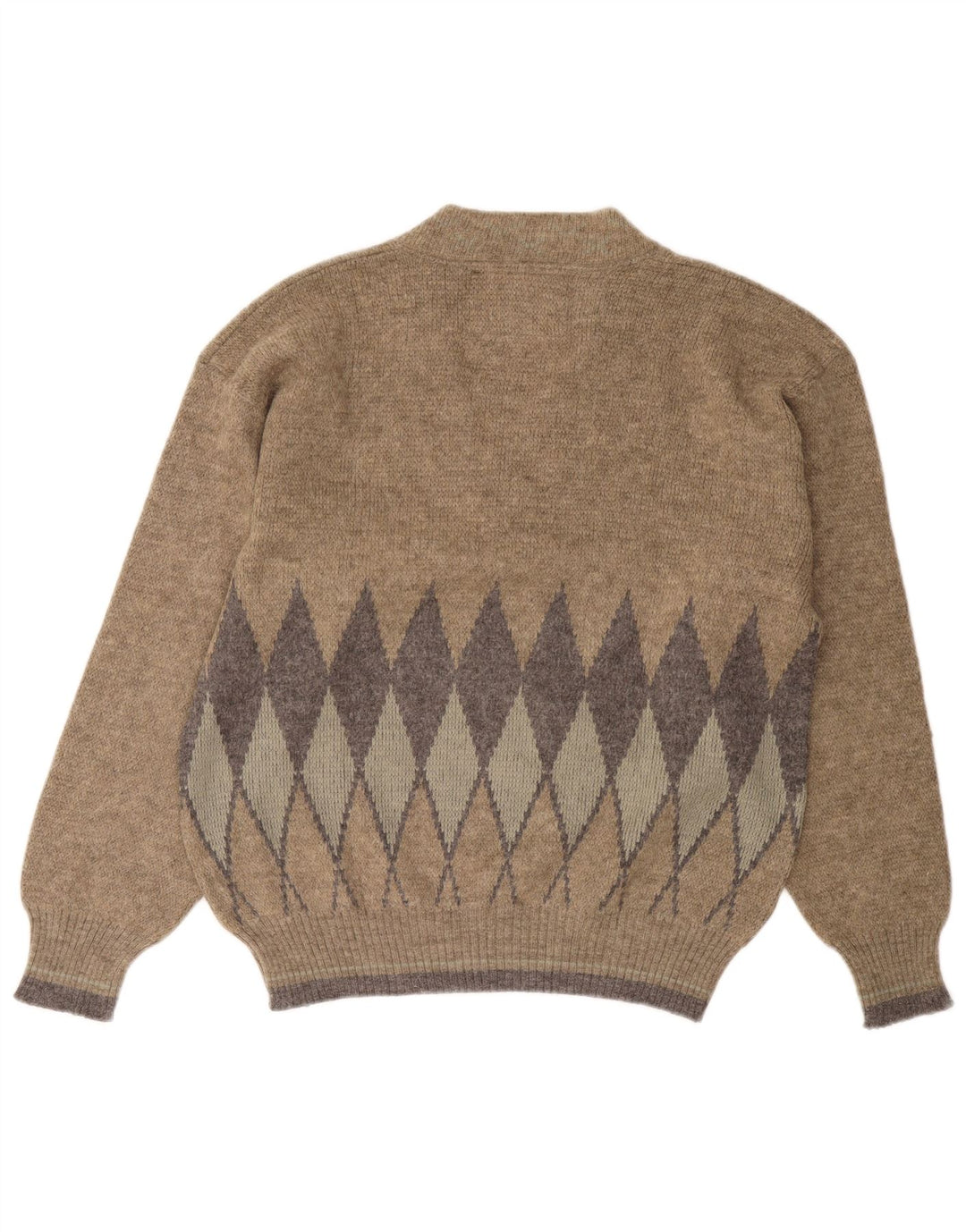 Vintage Mens V-Neck Jumper Sweater Large Beige Argyle/Diamond