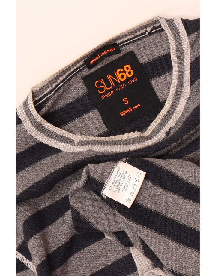 Sun68 Mens Crew Neck Jumper Sweater Small Grey Striped Cotton