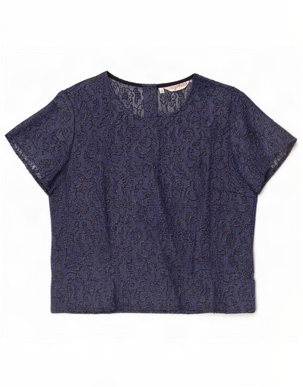 Agenda Womens Blouse Top IT 46 Large Navy Blue Floral Acetate