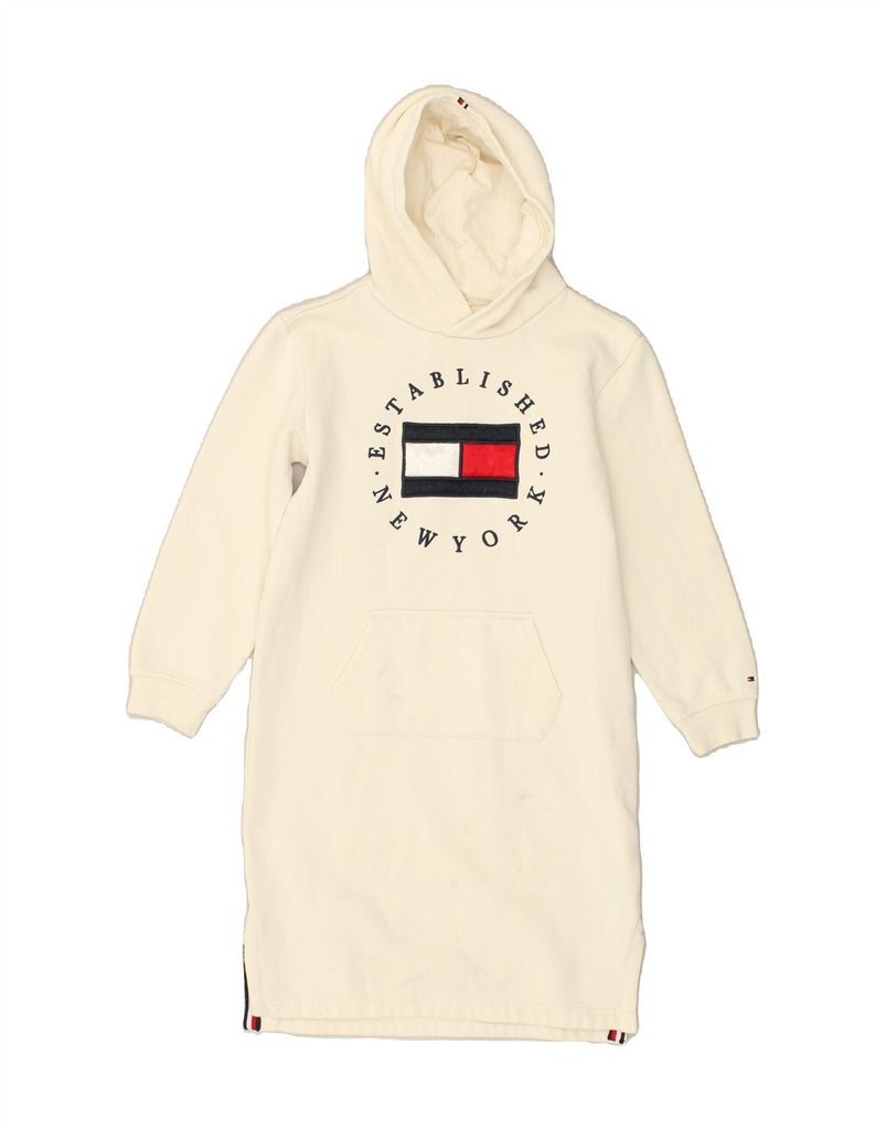 TOMMY HILFIGER Girls Graphic Hoodie Dress 9-10 Years Off White Cotton | Vintage Tommy Hilfiger | Thrift | Second-Hand Tommy Hilfiger | Used Clothing | Messina Hembry 