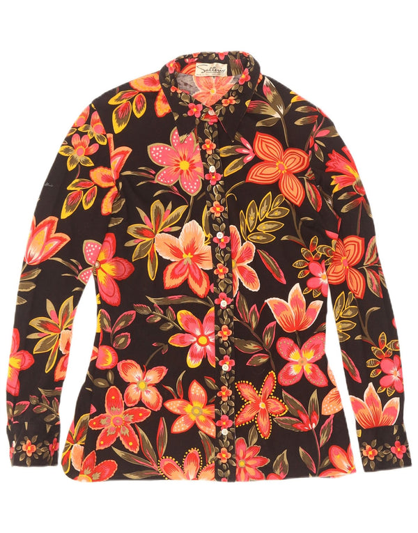 Vintage Womens Shirt Blouse UK 12 Medium Black Floral Cotton