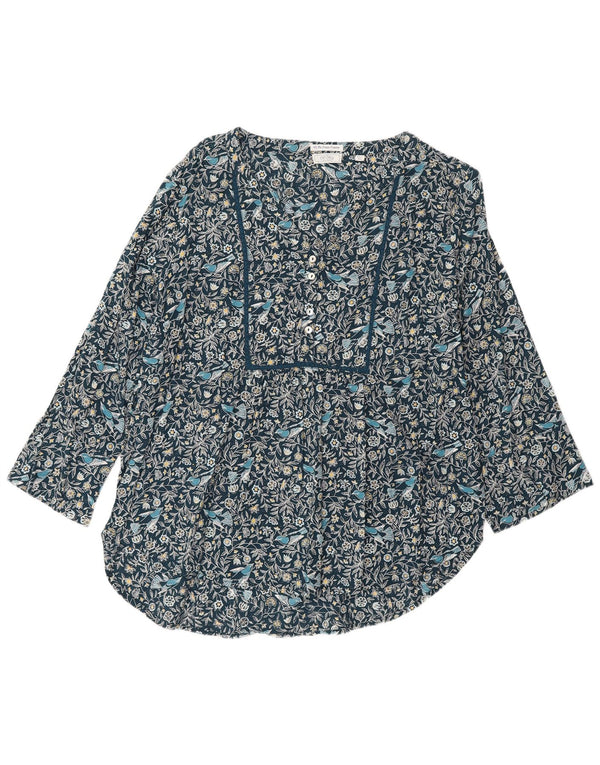 Fat Face Womens 3/4 Sleeve Blouse Top UK 16 Large Navy Blue Floral Cotton
