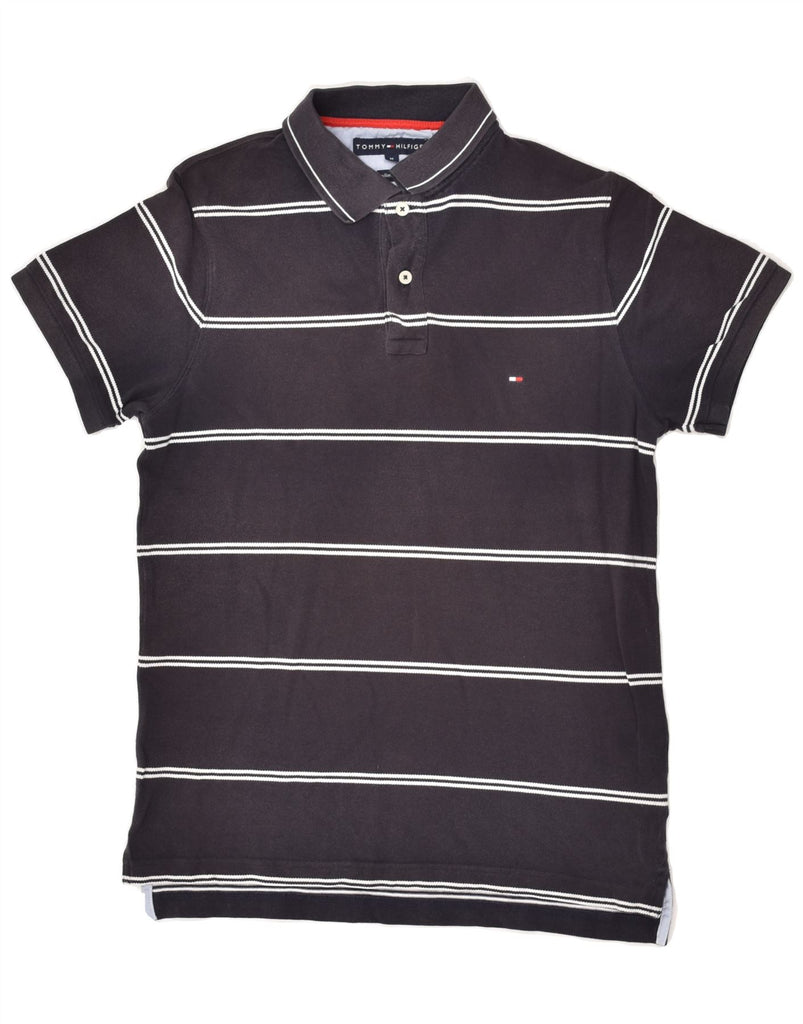 TOMMY HILFIGER Mens Slim Fit Polo Shirt Medium Black Striped Cotton | Vintage Tommy Hilfiger | Thrift | Second-Hand Tommy Hilfiger | Used Clothing | Messina Hembry 