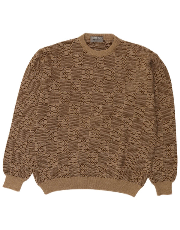 Vintage Mens Crew Neck Jumper Sweater Large Beige Geometric Wool