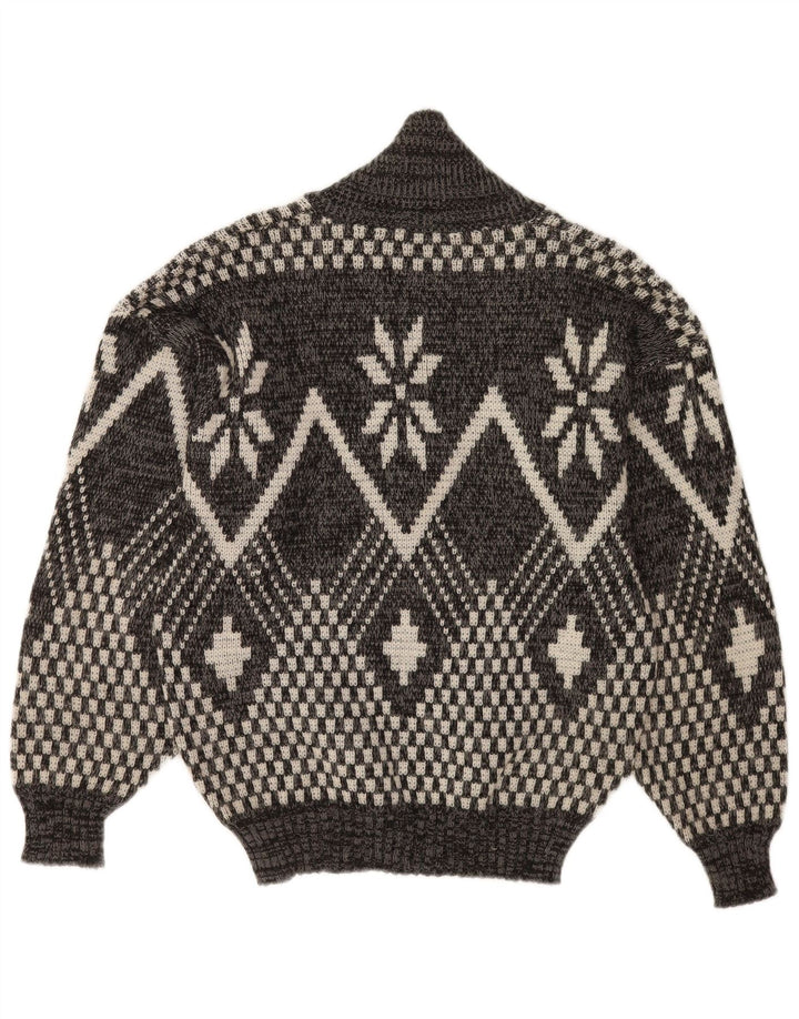 Vintage Mens Shawl Neck Jumper Sweater Medium Grey Geometric
