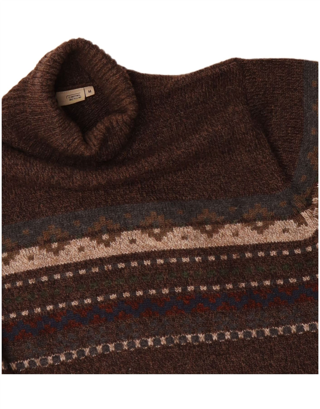 Camel Active Mens Roll Neck Jumper Sweater Medium Brown Fair Isle Wool