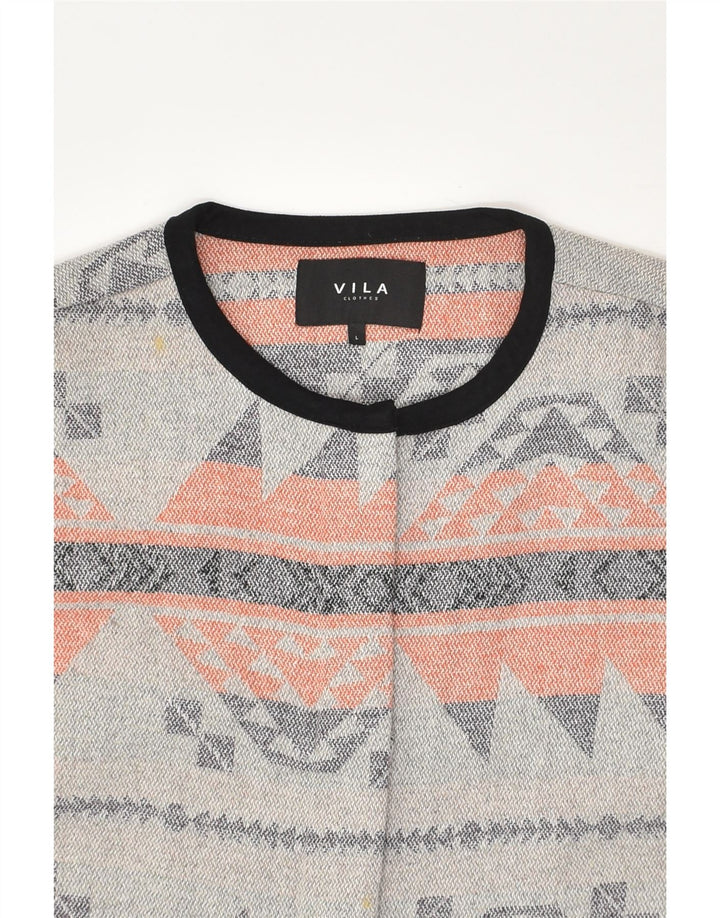 VILA Womens Cardigan Sweater UK 16 Large Grey Geometric Polyester Aztec | Vintage Vila | Thrift | Second-Hand Vila | Used Clothing | Messina Hembry 