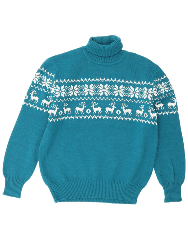 Vintage Womens Roll Neck Jumper Sweater IT 52 2XL Blue Fair Isle