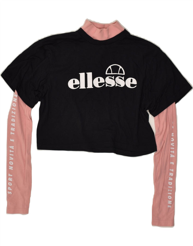 ELLESSE Womens Crop Graphic Graphic Top Long Sleeve UK 6 XS Black | Vintage Ellesse | Thrift | Second-Hand Ellesse | Used Clothing | Messina Hembry 