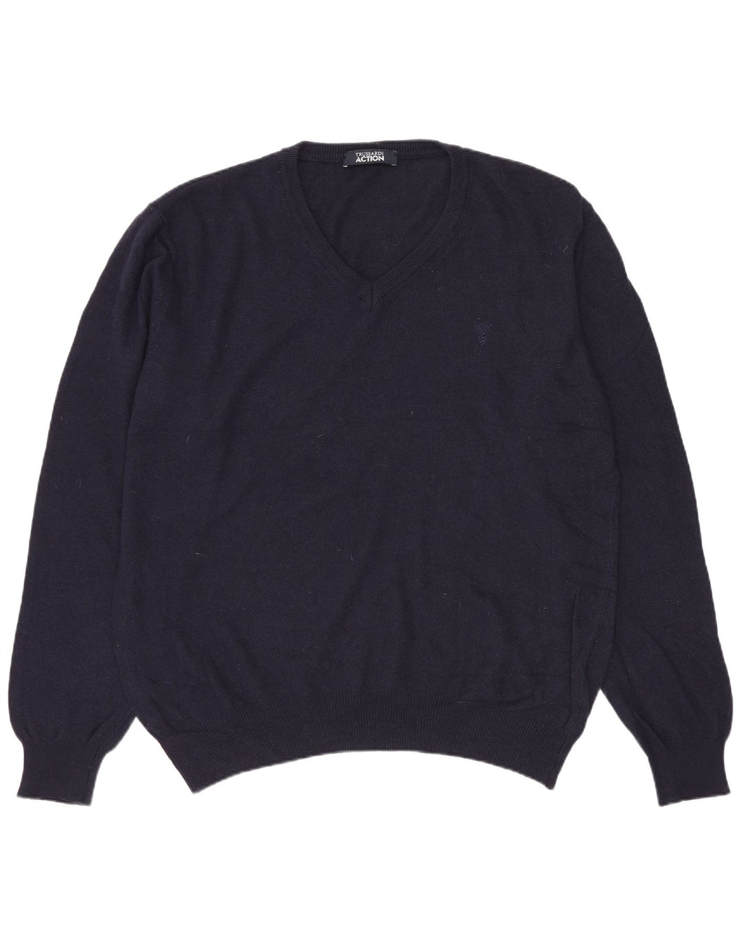 Trussardi Mens V-Neck Jumper Sweater Large Navy Blue Polyester
