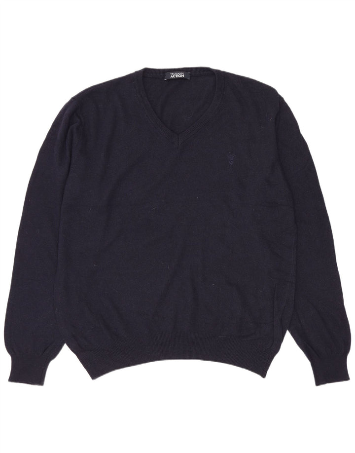 Trussardi Mens V-Neck Jumper Sweater Large Navy Blue Polyester