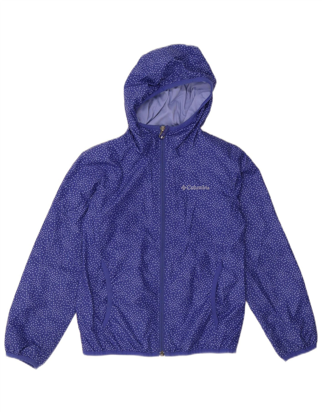 Columbia Girls Hooded Rain Jacket 7-8 Years Small Blue Geometric Polyester