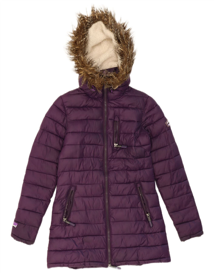 SUPERDRY Womens Hooded Padded Coat UK 10 Small Purple Polyester