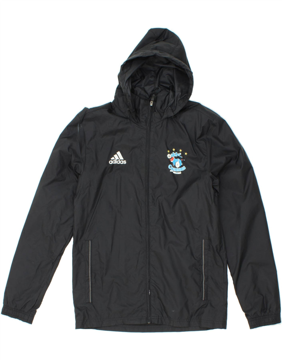 ADIDAS Mens Graphic Hooded Rain Jacket UK 36 Small Black Nylon Vintage Adidas and Second-Hand Adidas from Messina Hembry 