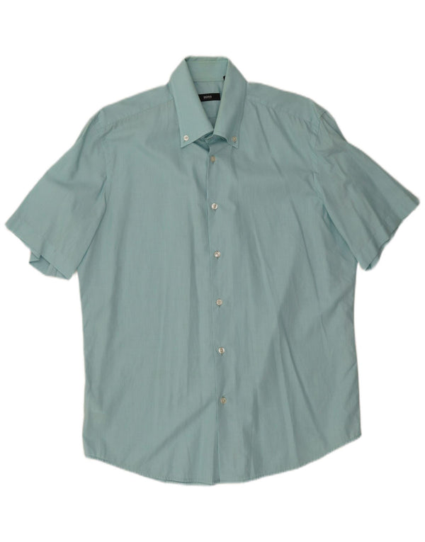 Hugo Boss Mens Short Sleeve Shirt Size 42 16 1/2 Large Turquoise Cotton