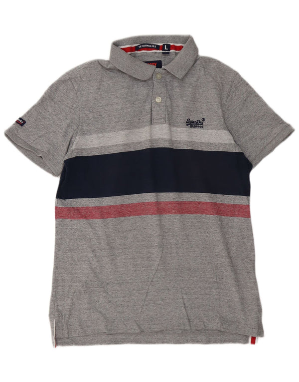 Superdry Mens Polo Shirt Large Grey Striped Cotton