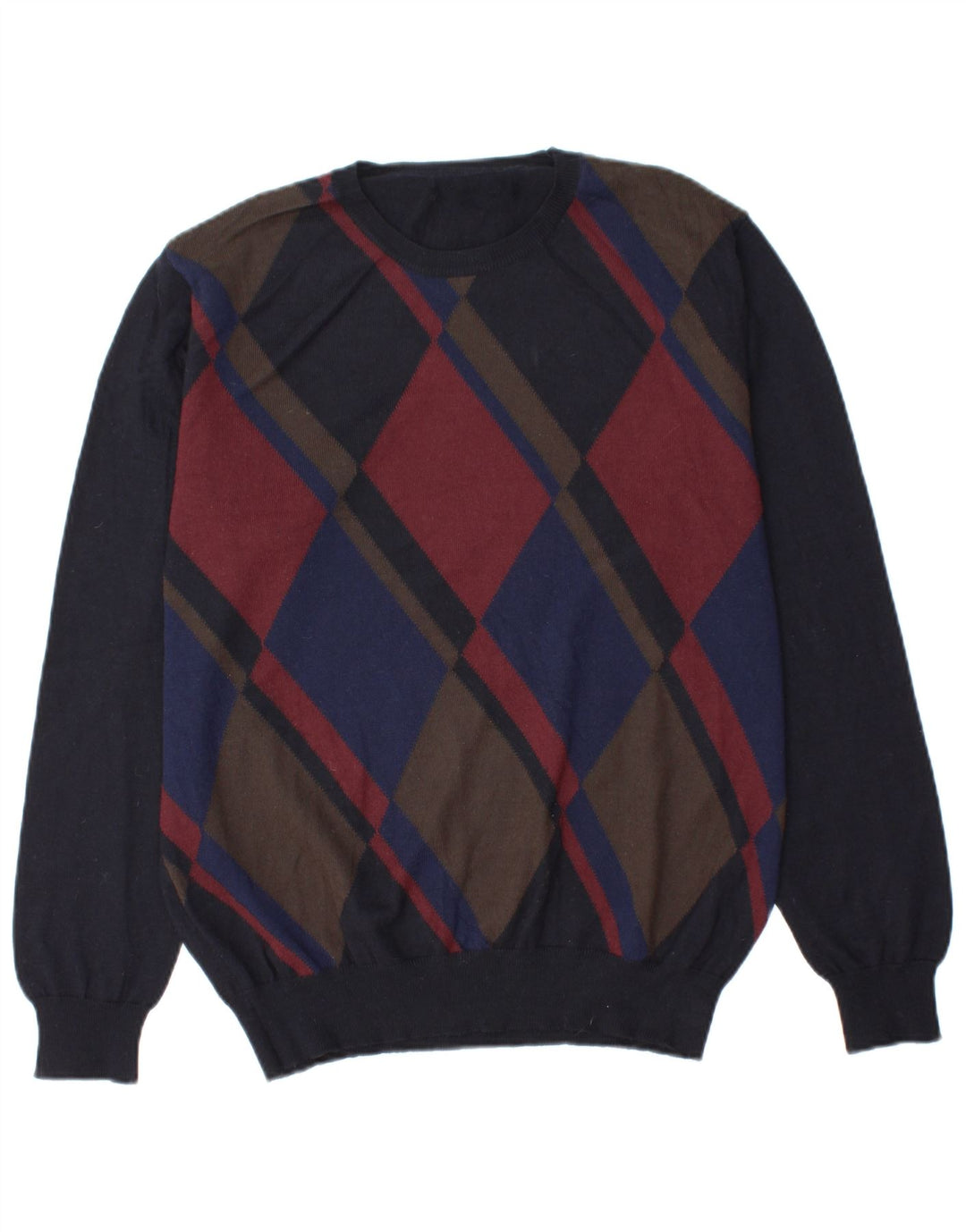VINTAGE Mens Crew Neck Jumper Sweater IT 52 Large Navy Blue Argyle/Diamond