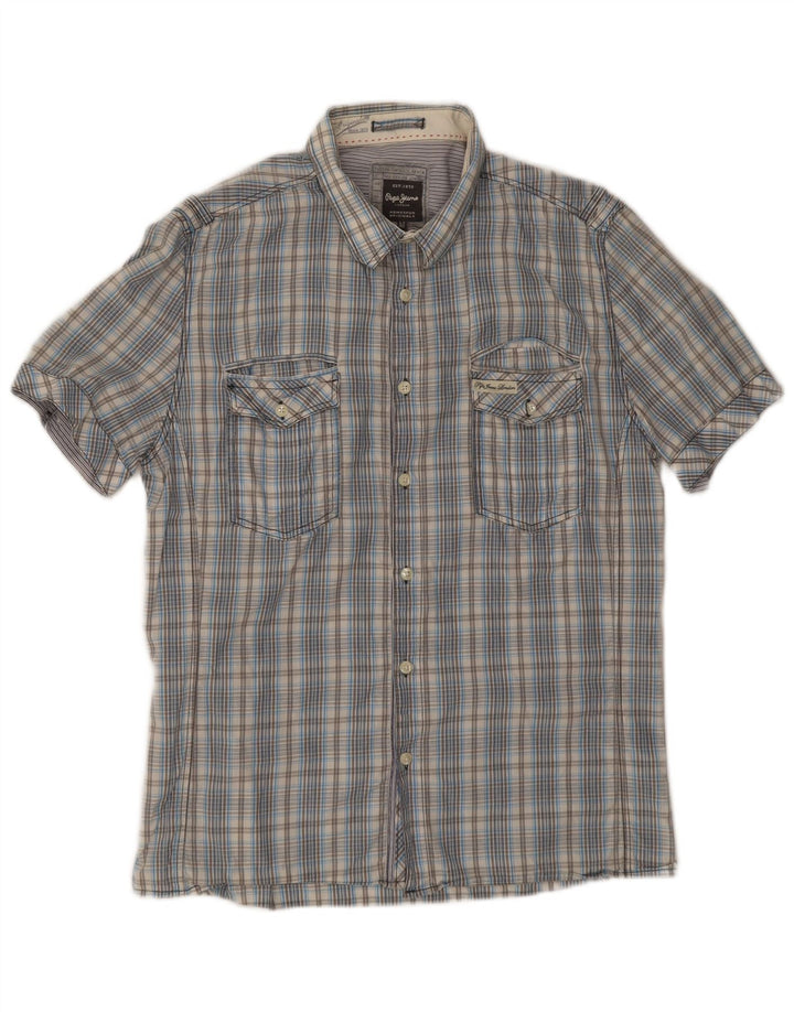 PEPE Jeans Mens Slim Fit Short Sleeve Shirt Medium Blue Check Cotton