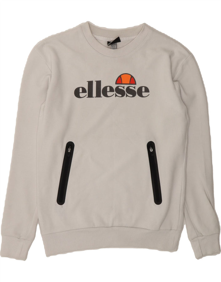 ELLESSE Womens Oversized Graphic Sweatshirt Jumper UK 6 XS White Cotton Vintage Ellesse and Second-Hand Ellesse from Messina Hembry 