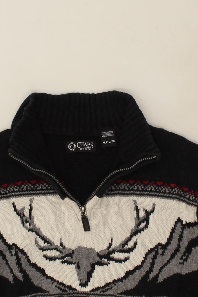 CHAPS Mens Graphic Zip Neck Jumper Sweater XL Black Fair Isle Cotton | Vintage Chaps | Thrift | Second-Hand Chaps | Used Clothing | Messina Hembry 