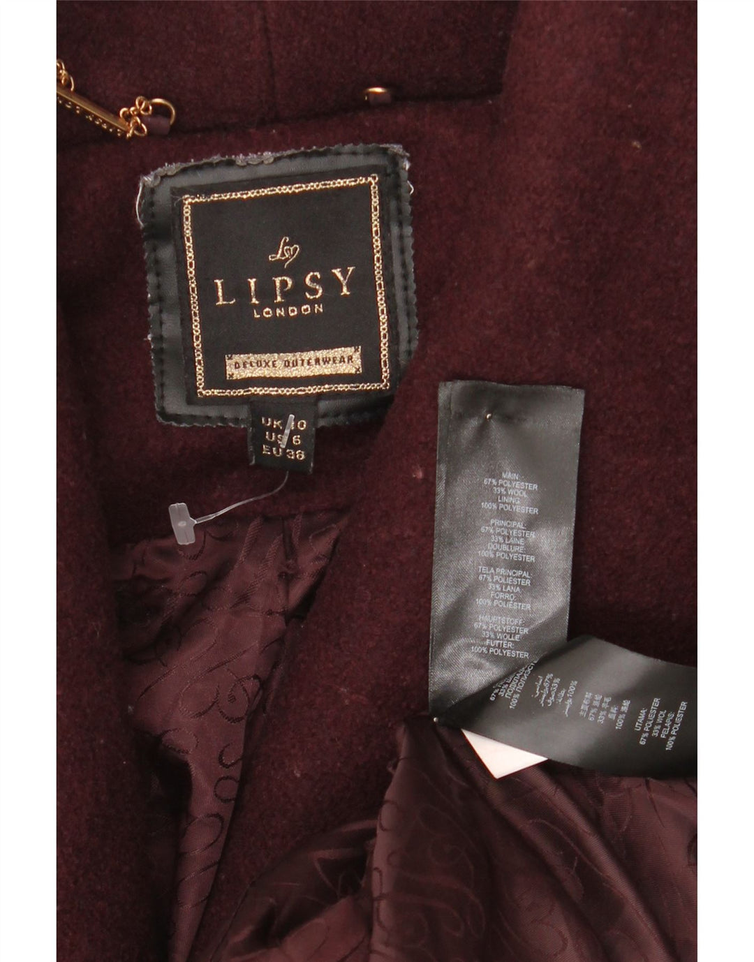 Lipsy Womens Wrap Overcoat UK 10 Small Burgundy Polyester