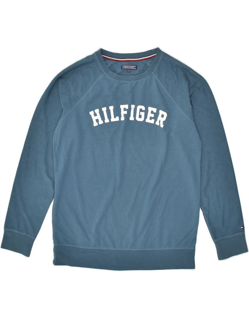 TOMMY HILFIGER Womens Graphic Sweatshirt Jumper UK 10 Small Blue Cotton | Vintage Tommy Hilfiger | Thrift | Second-Hand Tommy Hilfiger | Used Clothing | Messina Hembry 