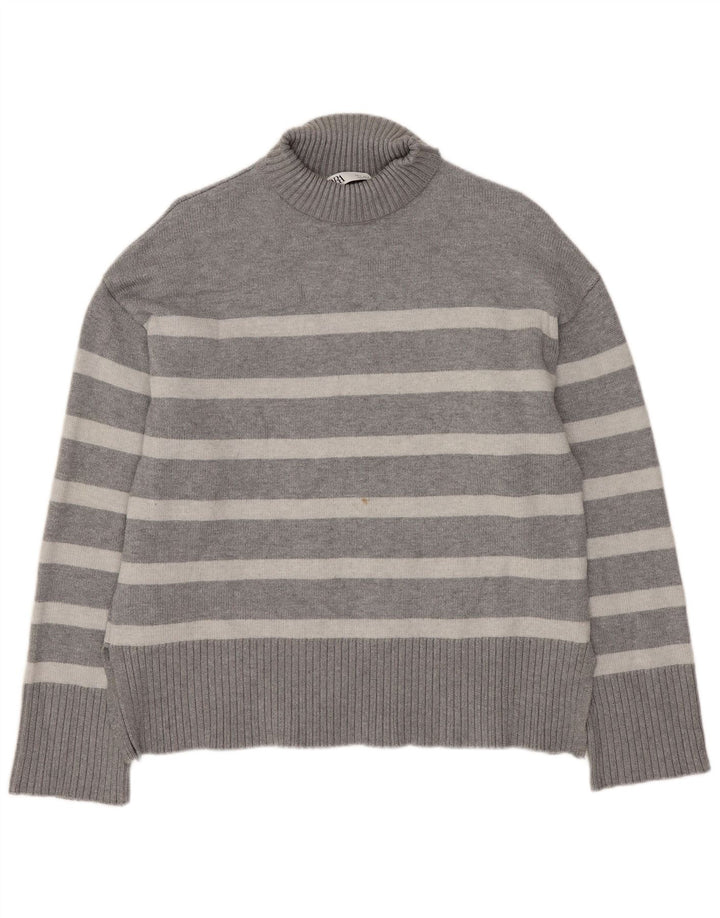 Zara Womens Oversized Turtle Neck Jumper Sweater UK 10 Small Grey Striped