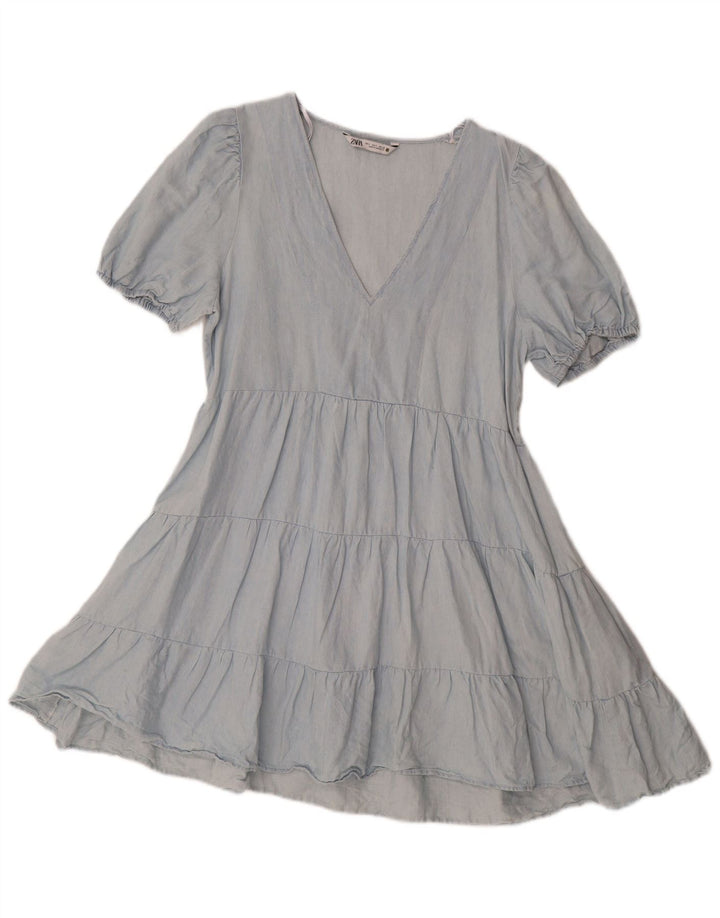 Zara Womens Tiered Dress UK 10 Small Blue Cotton