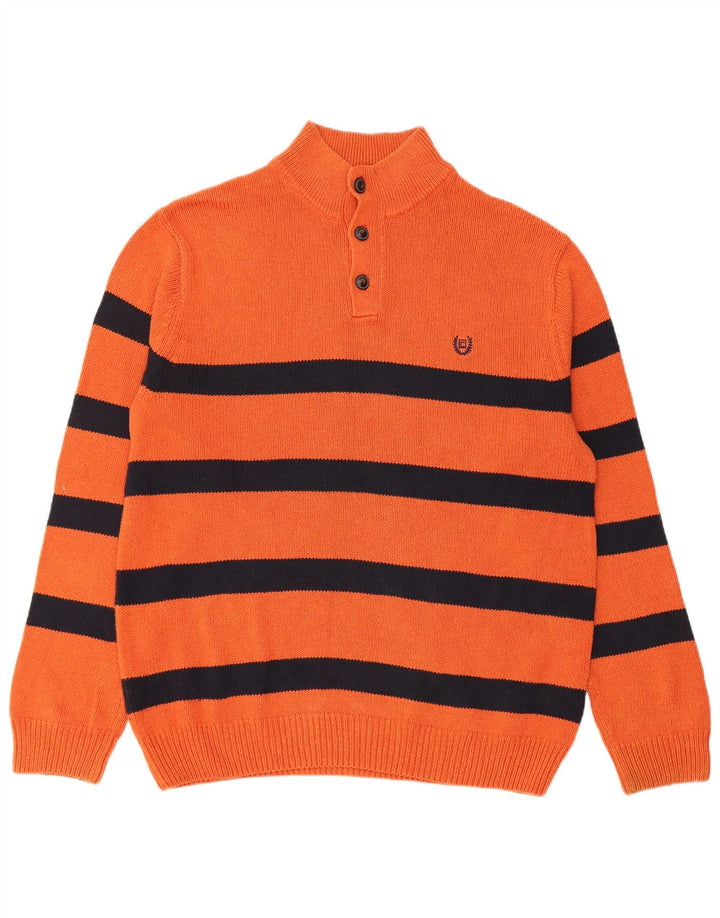 Chaps Mens Button Neck Jumper Sweater XL Orange Striped Cotton