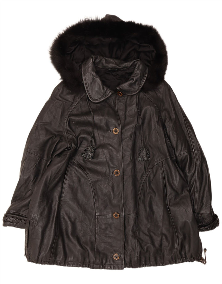 Vintage Womens Hooded Oversized Leather Coat IT 44 Medium Black