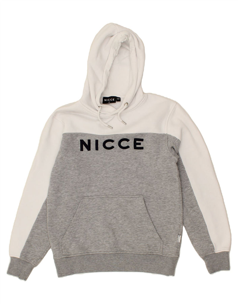 NICCE Mens Graphic Hoodie Jumper XS Grey Colourblock Cotton | Vintage Nicce | Thrift | Second-Hand Nicce | Used Clothing | Messina Hembry 