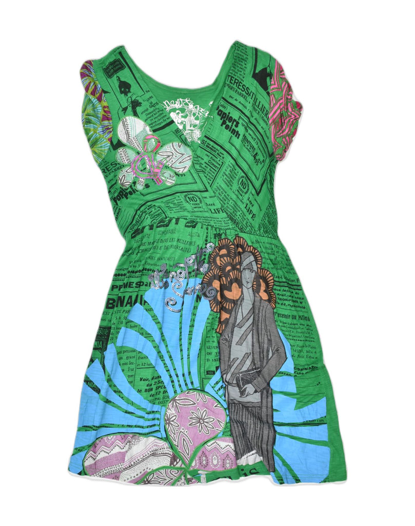 DESIGUAL Womens A-Line Dress UK 4 XS Green Floral | Vintage | Thrift | Second-Hand | Used Clothing | Messina Hembry 