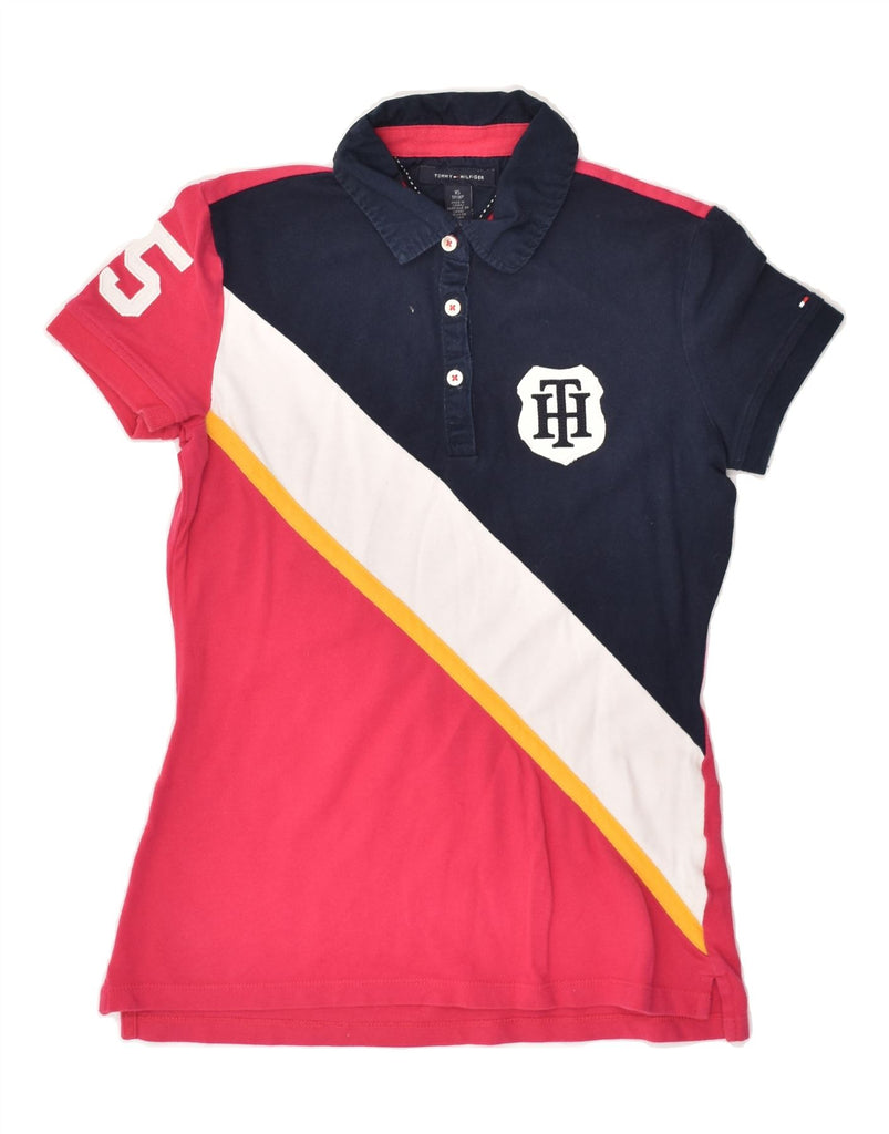 TOMMY HILFIGER Womens Graphic Rugby Polo Shirt UK 6 XS Pink Colourblock | Vintage Tommy Hilfiger | Thrift | Second-Hand Tommy Hilfiger | Used Clothing | Messina Hembry 